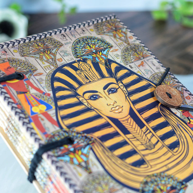 Egyptian King TUT Printed Hardcover Journal 5x7" - 144 Handmade Paper Pages, Historic Design with Elastic Cord Closure
