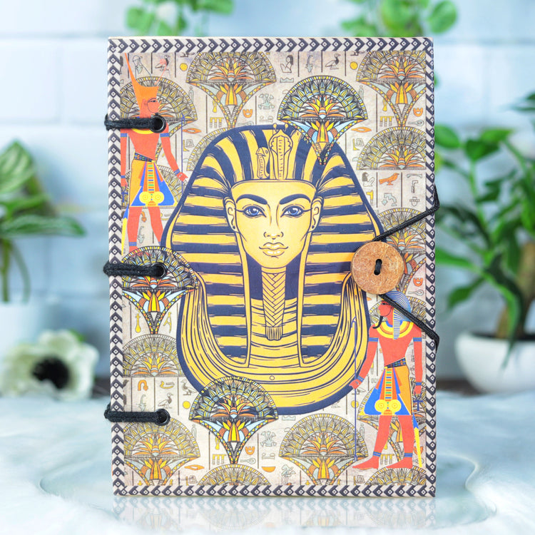 Egyptian King TUT Printed Hardcover Journal 5x7" - 144 Handmade Paper Pages, Historic Design with Elastic Cord Closure