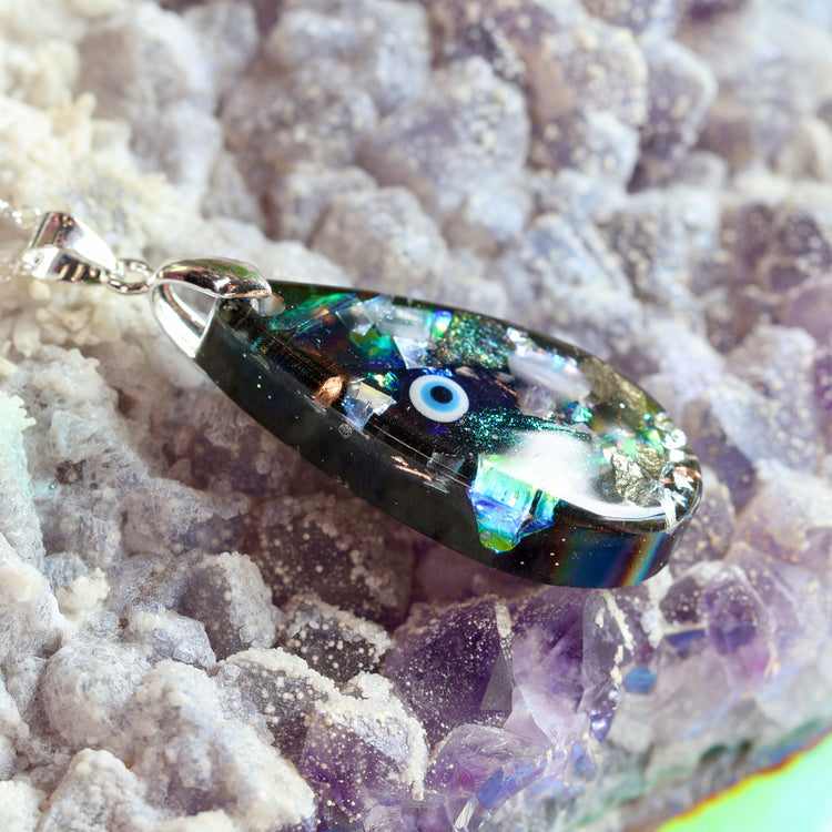 Orgonite Evil Eye Necklace with Black Tourmaline & Amethyst | Sterling Silver Chain