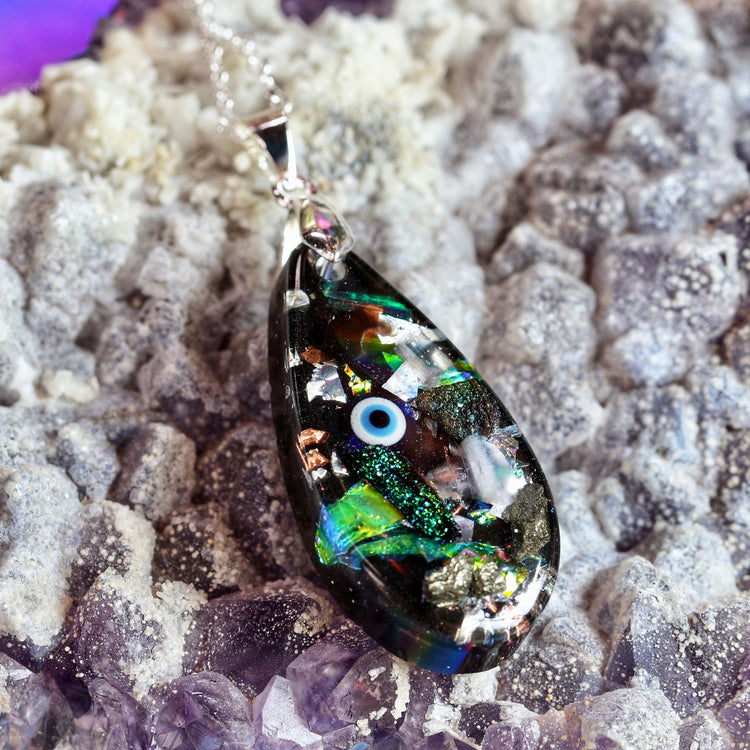 Orgonite Evil Eye Necklace with Black Tourmaline & Amethyst | Sterling Silver Chain