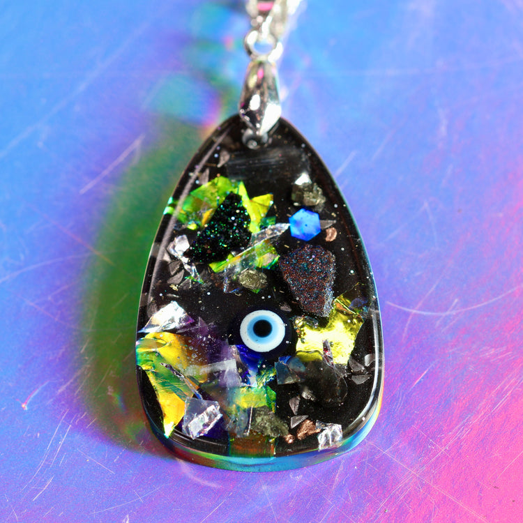 Orgonite Evil Eye Necklace with Black Tourmaline & Amethyst | Sterling Silver Chain