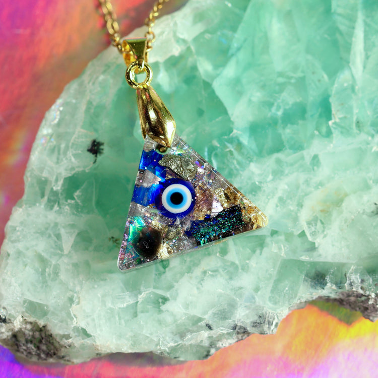 Orgonite Evil Eye Necklace with Black Tourmaline & Amethyst | Gold-Plated Chain