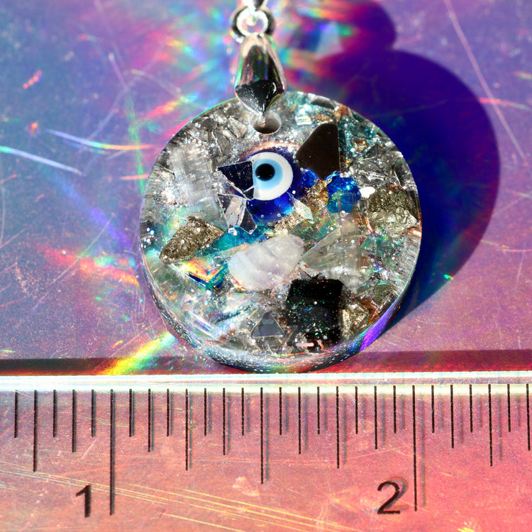 Orgonite Evil Eye Necklace with Black Tourmaline & Amethyst | Sterling Silver Chain