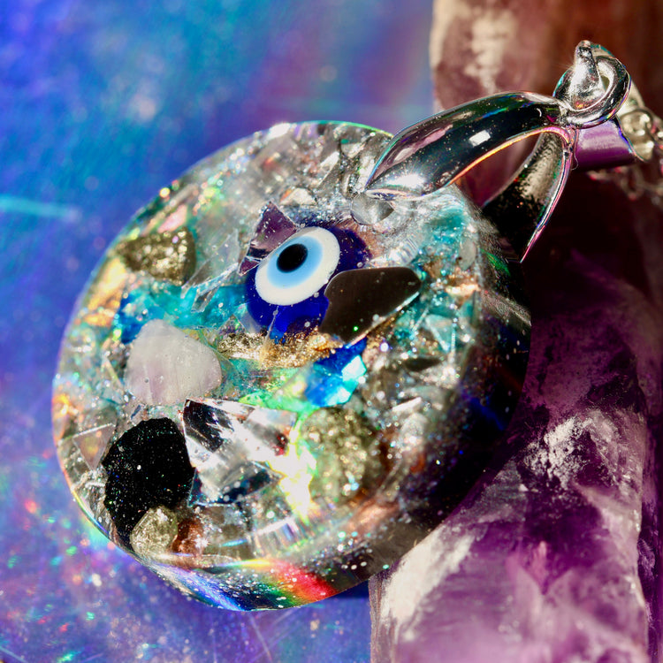 Orgonite Evil Eye Necklace with Black Tourmaline & Amethyst | Sterling Silver Chain