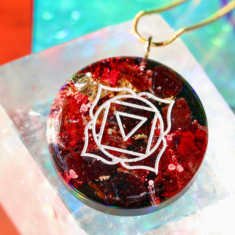 Handmade Orgonite Crystal Necklace – Quartz & Garnet Root Chakra Pendant