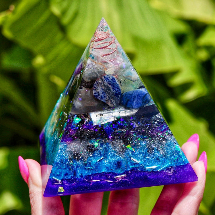 Blue & Purple Orgonite Pyramid: Crystal Energy Generator, EMF Protection Psychic Activation