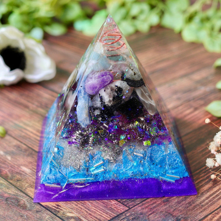 Blue & Purple Orgonite Pyramid: Crystal Energy Generator, EMF Protection Psychic Activation