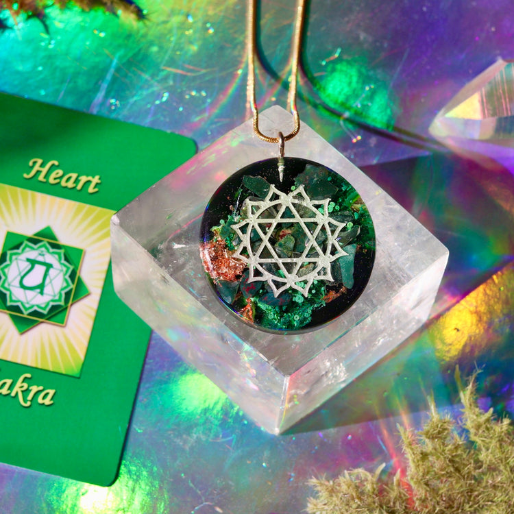 Handmade Orgonite Crystal Necklace – Quartz & Bloodstone Heart Chakra Pendant