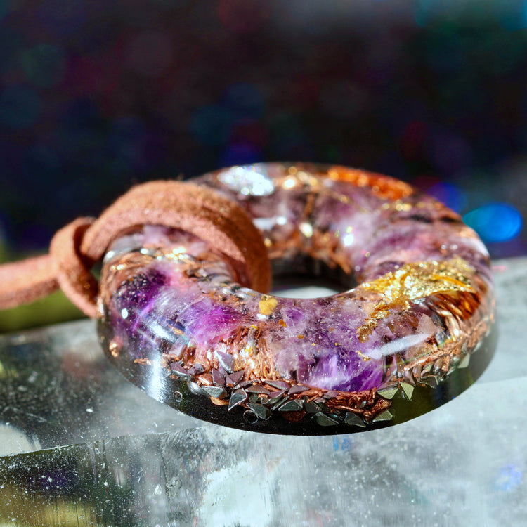 Amethyst Orgonite Donut Pendant with Quartz & Copper