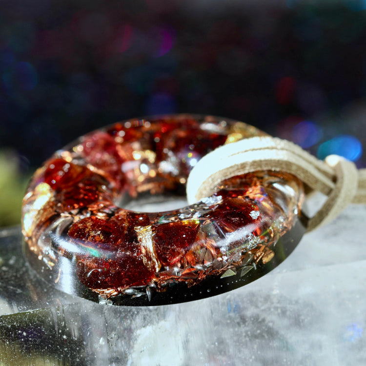 Garnet Orgonite Donut Pendant with Quartz & Copper