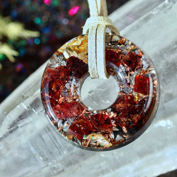 Garnet Orgonite Donut Pendant with Quartz & Copper