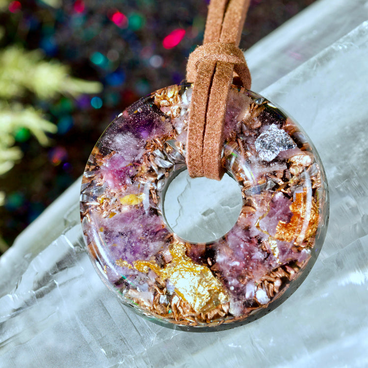 Amethyst Orgonite Donut Pendant with Quartz & Copper