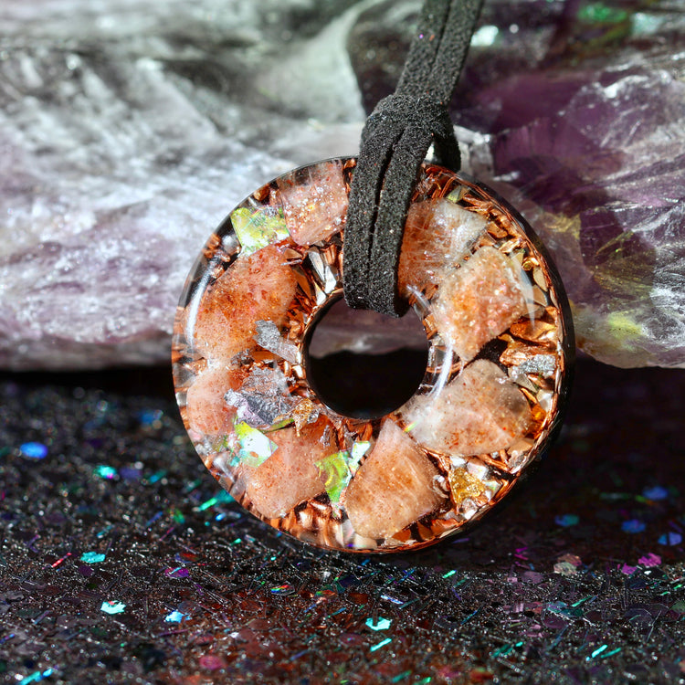 Sunstone Orgonite Donut Pendant with Quartz & Copper