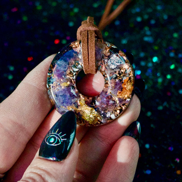 Amethyst Orgonite Donut Pendant with Quartz & Copper