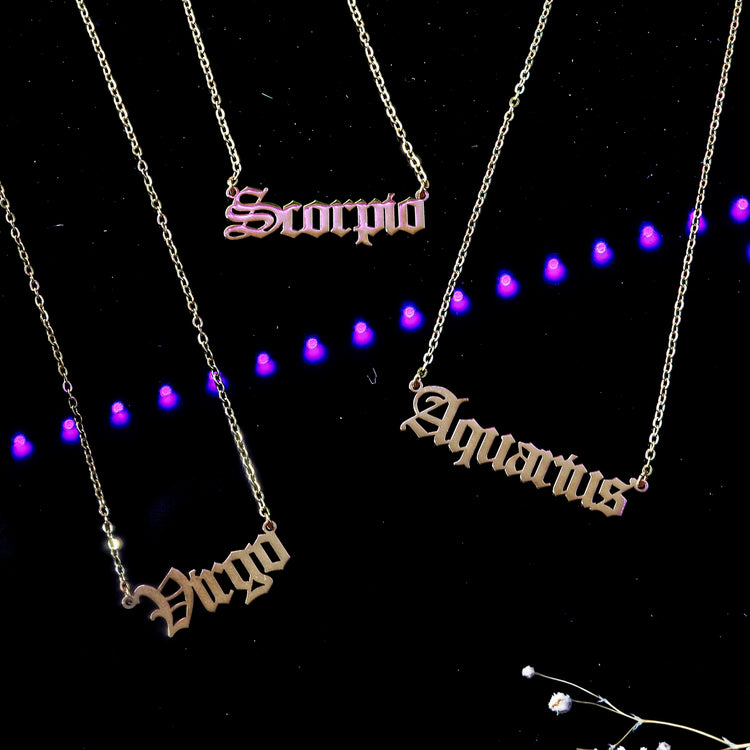 Gold Zodiac Script Pendant Astrology Necklace