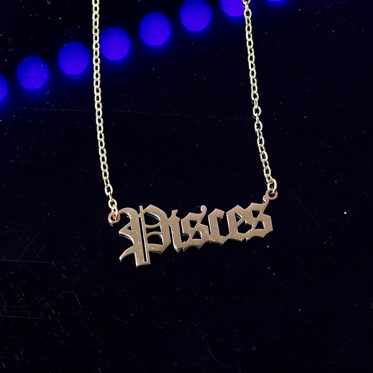 Gold Zodiac Script Pendant Astrology Necklace