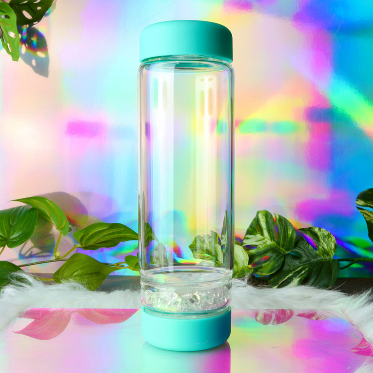 Crystal Water Bottle with Quartz Gemstone Chamber & Flower of Life Symbol