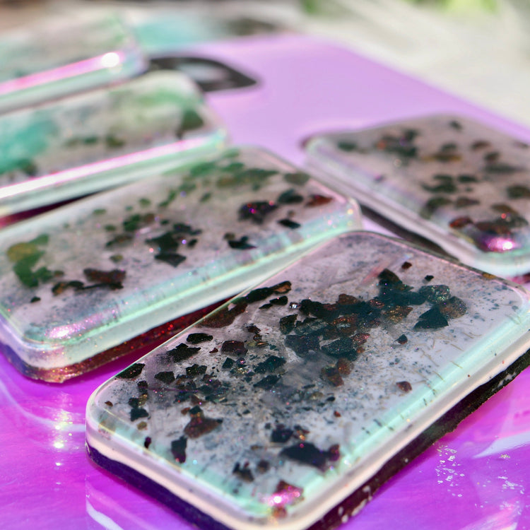 Pink Color Shift Orgonite® EMF Blocker: Shungite Cell Phone Accessory