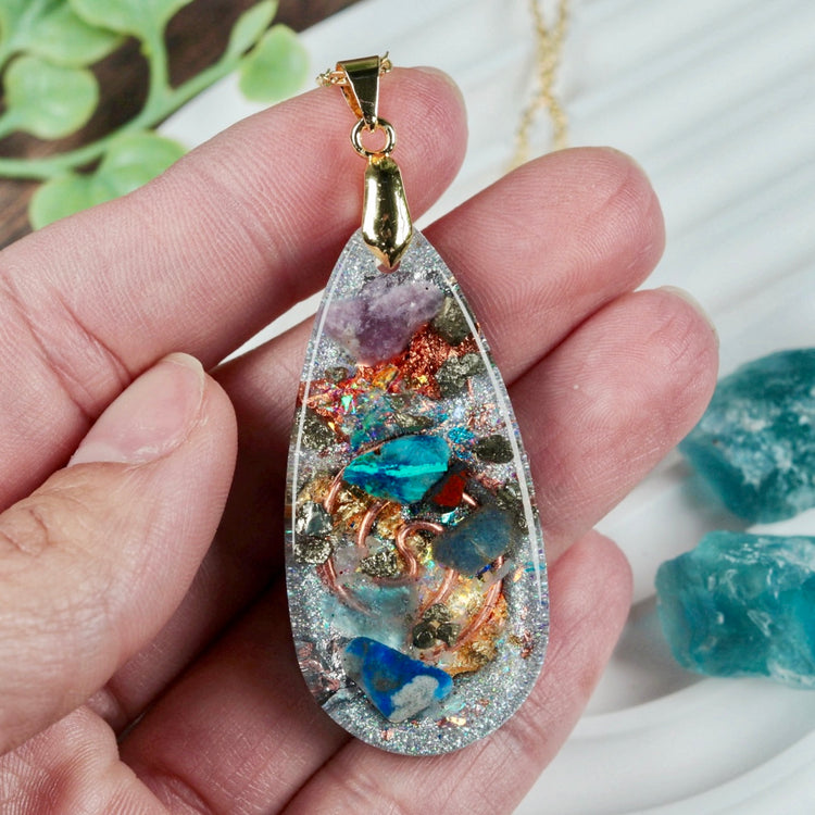 Orgonite Pendant Necklace with Shungite, Quartz & Blue Sapphire