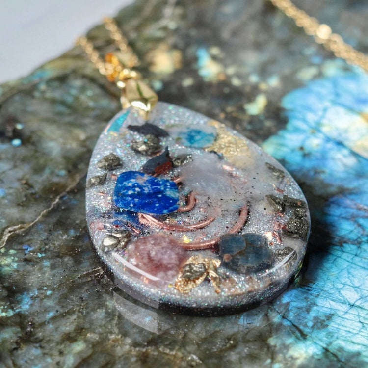Orgonite Pendant Necklace with Shungite, Quartz & Blue Sapphire