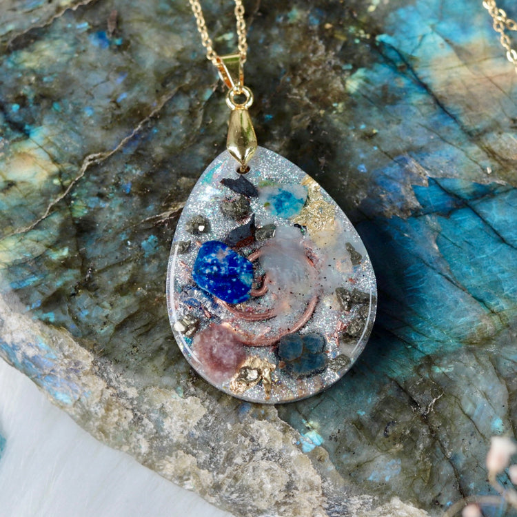 Orgonite Pendant Necklace with Shungite, Quartz & Blue Sapphire