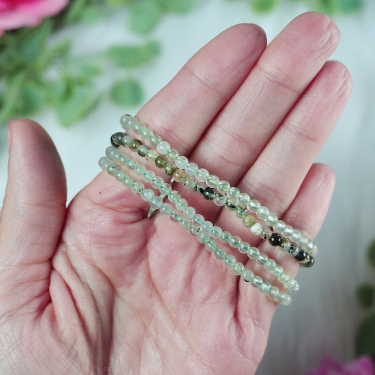 Prehnite Crystal Bracelet w/ Polished Gemstone Bead on Stretch Cord for Heart Chakra & Solar Plexus Jewelry - Virgo, Capricorn or Libra Gift