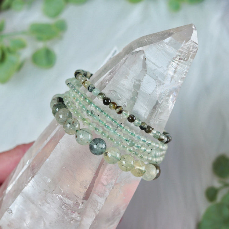 Prehnite Crystal Bracelet w/ Polished Gemstone Bead on Stretch Cord for Heart Chakra & Solar Plexus Jewelry - Virgo, Capricorn or Libra Gift