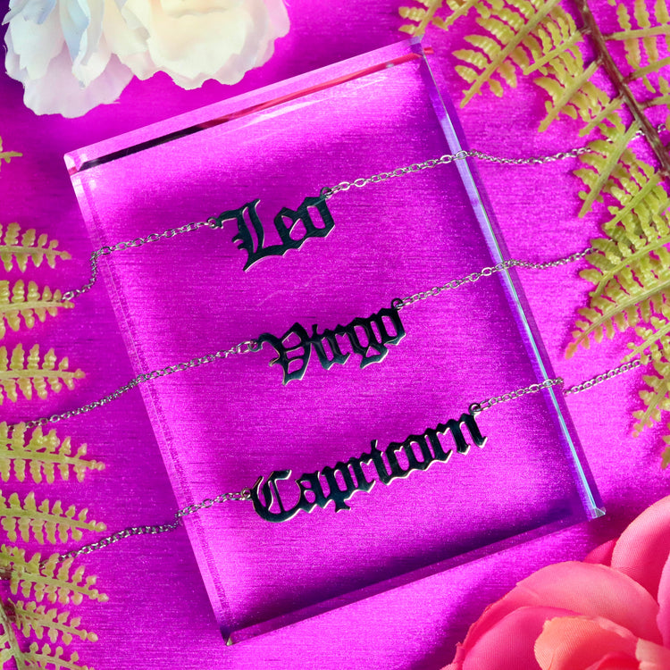 Silver Zodiac Script Pendant Astrology Necklace