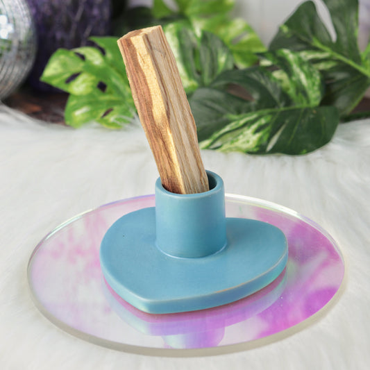 Baby Blue Heart Shaped Ceramic Palo Santo Burner Holder - Altar Supplies for Energy Cleansing and House Blessing