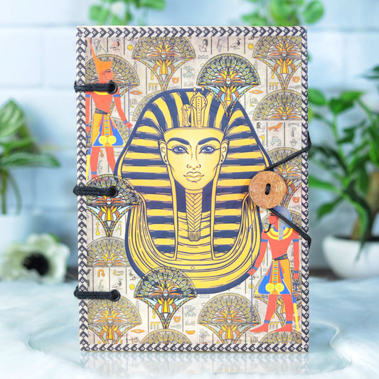 Egyptian King TUT Printed Hardcover Journal 5x7" - 144 Handmade Paper Pages, Historic Design with Elastic Cord Closure