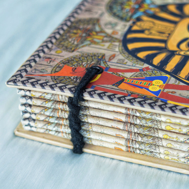Egyptian King TUT Printed Hardcover Journal 5x7" - 144 Handmade Paper Pages, Historic Design with Elastic Cord Closure