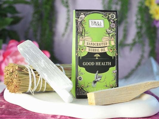 Good Health Spiritual Supply Smudge Kit - Desert Sage, Herbal Cleansing Oil, Selenite & Palo Santo Set in White Gift Box