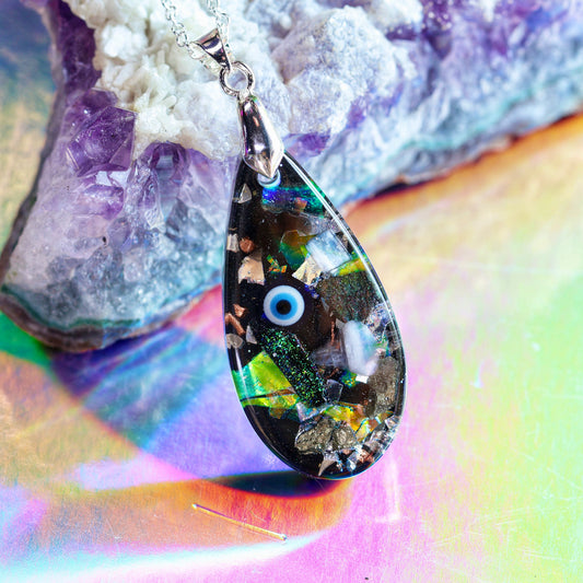 Orgonite Evil Eye Necklace with Black Tourmaline & Amethyst | Sterling Silver Chain