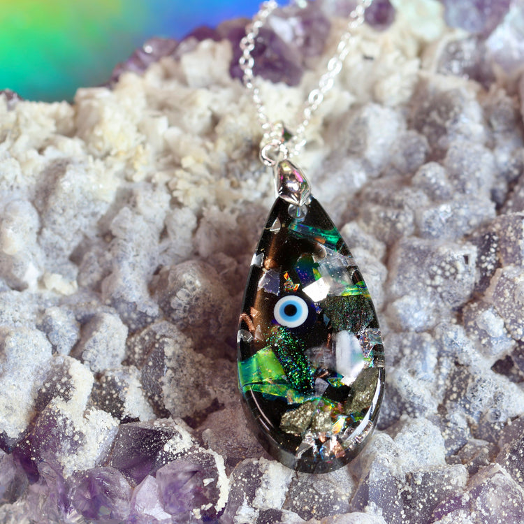 Orgonite Evil Eye Necklace with Black Tourmaline & Amethyst | Sterling Silver Chain