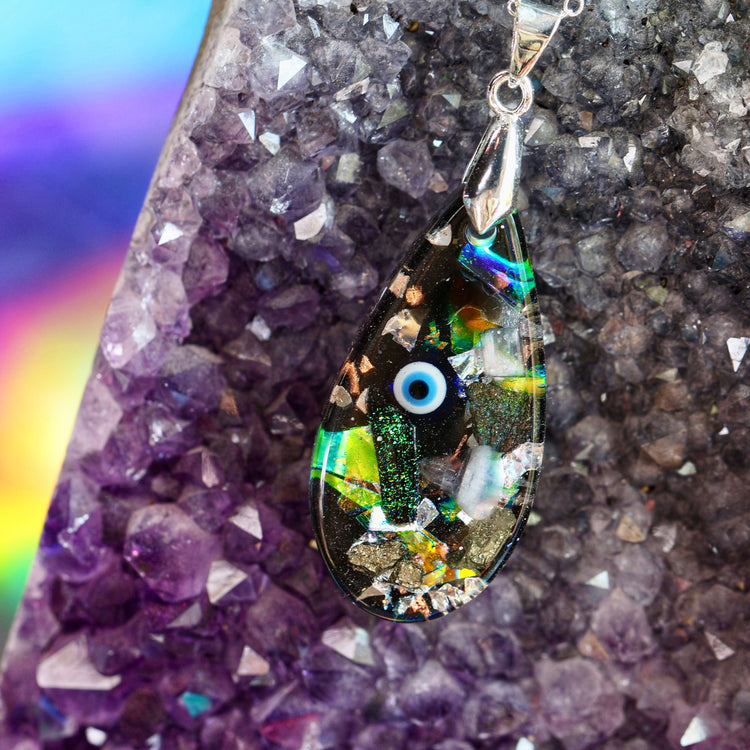 Orgonite Evil Eye Necklace with Black Tourmaline & Amethyst | Sterling Silver Chain