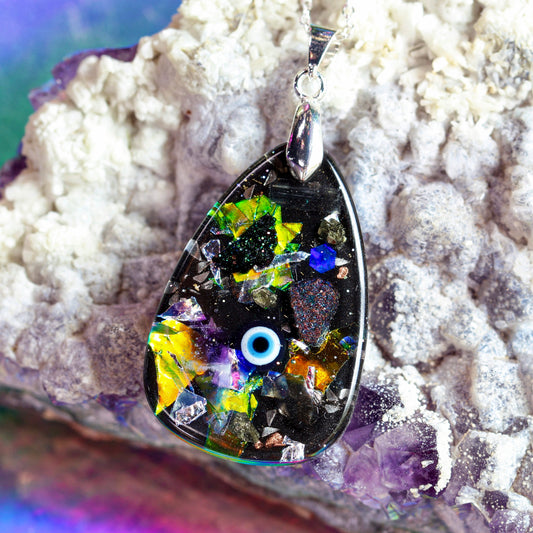 Orgonite Evil Eye Necklace with Black Tourmaline & Amethyst | Sterling Silver Chain