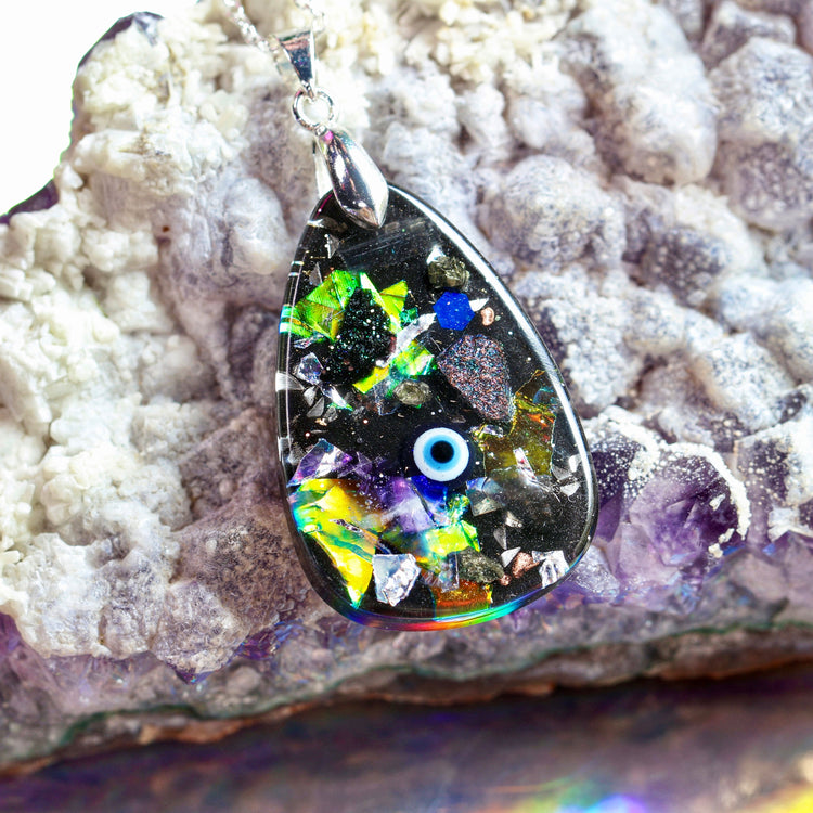 Orgonite Evil Eye Necklace with Black Tourmaline & Amethyst | Sterling Silver Chain