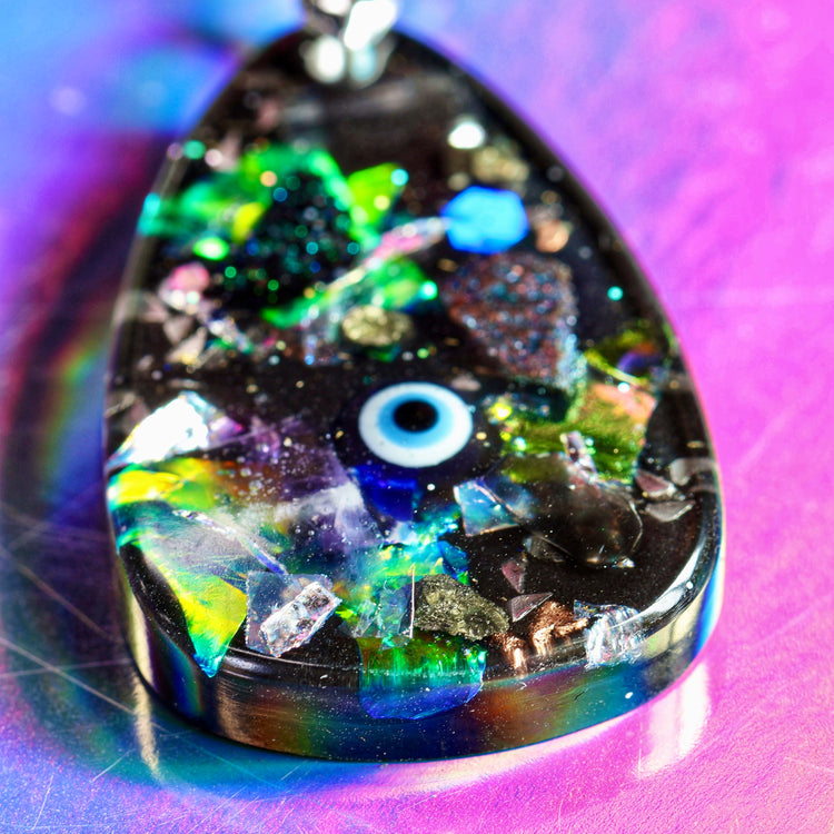 Orgonite Evil Eye Necklace with Black Tourmaline & Amethyst | Sterling Silver Chain