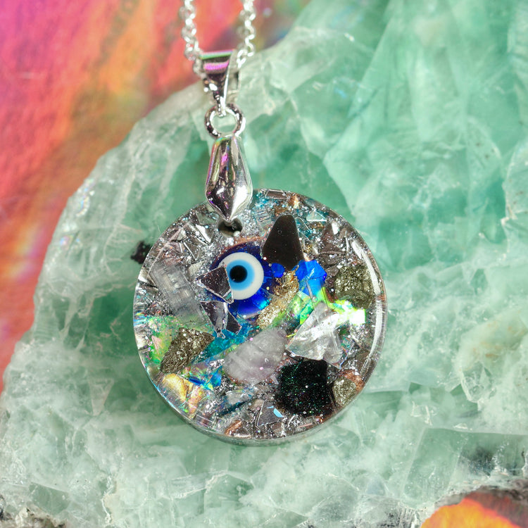 Orgonite Evil Eye Necklace with Black Tourmaline & Amethyst | Sterling Silver Chain