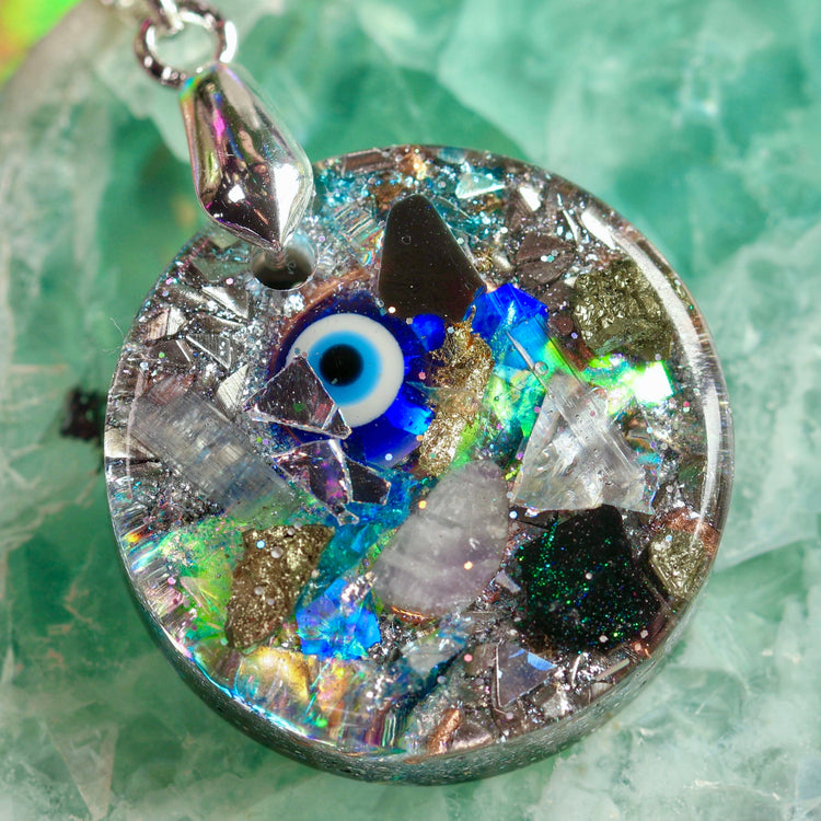 Orgonite Evil Eye Necklace with Black Tourmaline & Amethyst | Sterling Silver Chain