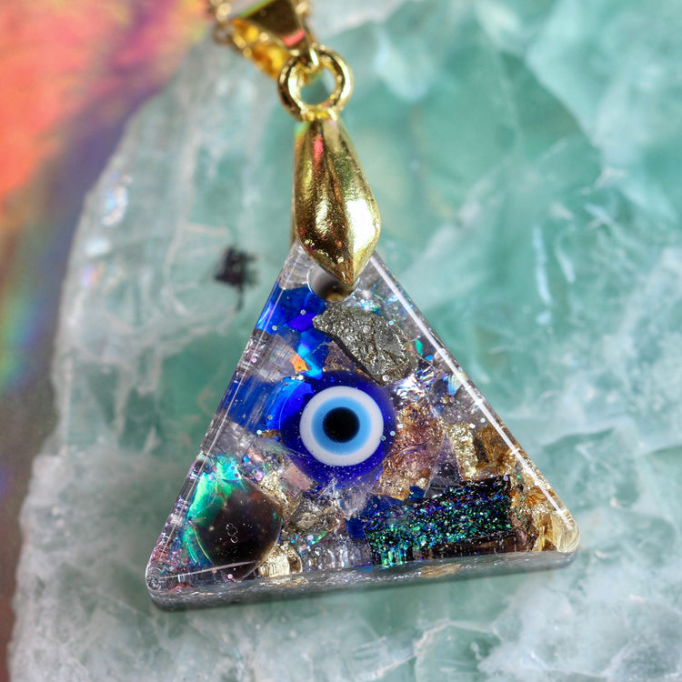 Orgonite Evil Eye Necklace with Black Tourmaline & Amethyst | Gold-Plated Chain