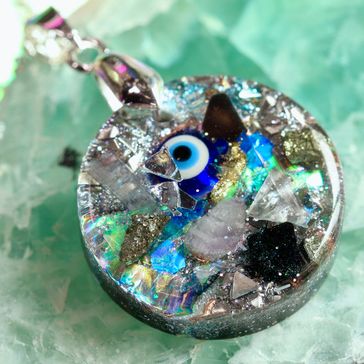 Orgonite Evil Eye Necklace with Black Tourmaline & Amethyst | Sterling Silver Chain