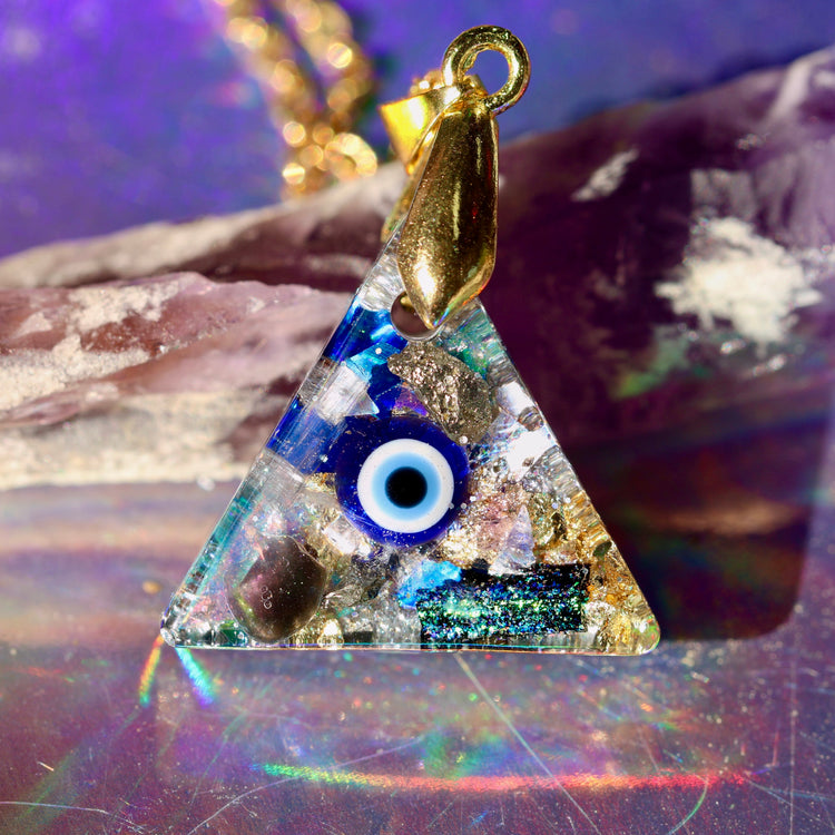 Orgonite Evil Eye Necklace with Black Tourmaline & Amethyst | Gold-Plated Chain