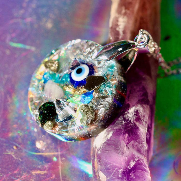Orgonite Evil Eye Necklace with Black Tourmaline & Amethyst | Sterling Silver Chain