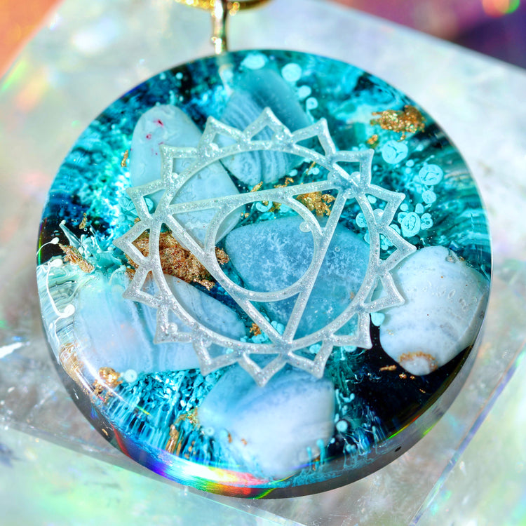 Handmade Orgonite Crystal Necklace – Quartz & Blue Lace Agate Throat Chakra Pendant