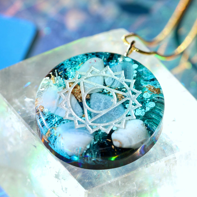 Handmade Orgonite Crystal Necklace – Quartz & Blue Lace Agate Throat Chakra Pendant