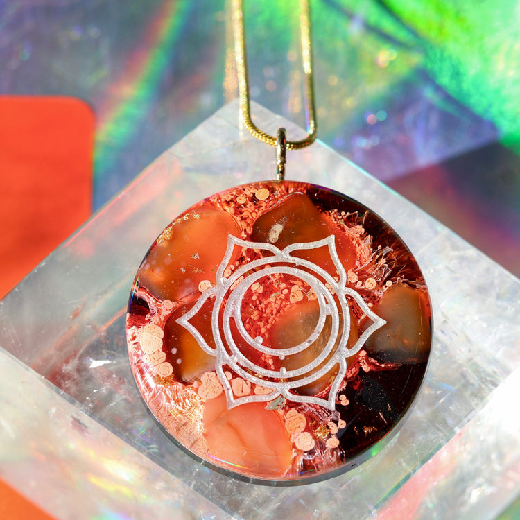 Handmade Orgonite Crystal Necklace – Quartz, Sunstone & Carnelian Sacral Chakra Pendant