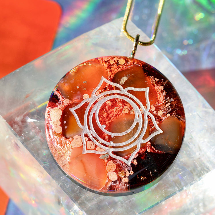 Handmade Orgonite Crystal Necklace – Quartz, Sunstone & Carnelian Sacral Chakra Pendant