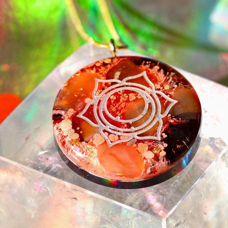 Handmade Orgonite Crystal Necklace – Quartz, Sunstone & Carnelian Sacral Chakra Pendant
