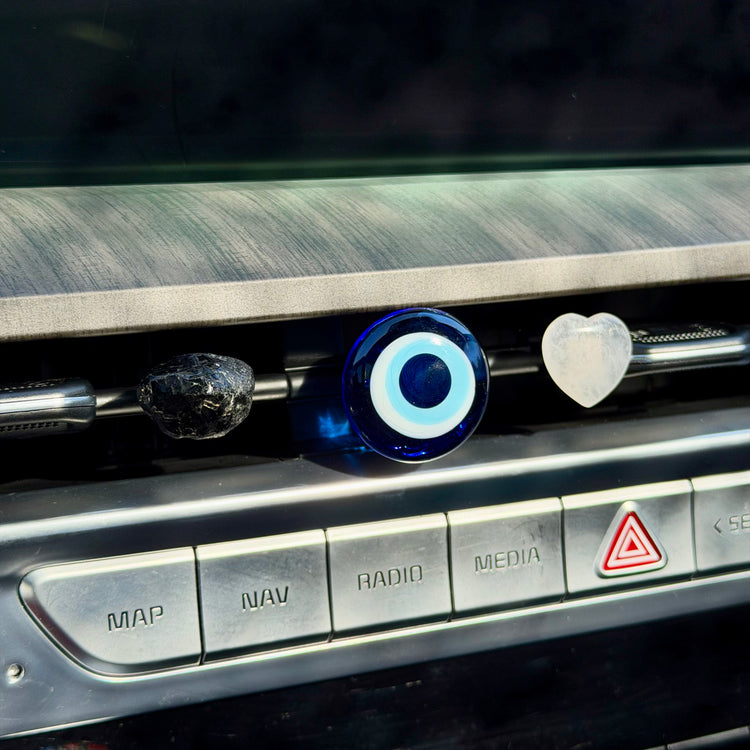 Evil Eye Crystal Car Vent Clip Trio – Glass Evil Eye, Apache Tear Obsidian & Clear Quartz Heart